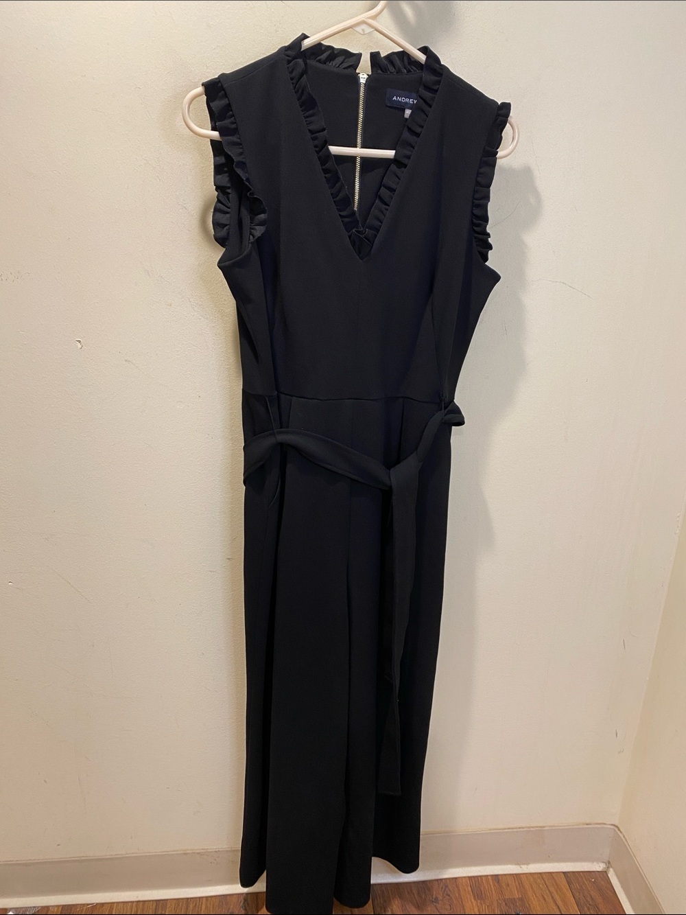 Andrew Marc Black Sleeveless Long Belted Jumpsuit  with Ruffle Trim Sz 12